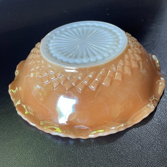 Vintage 50s Fire King Peach Lustre Swirl Pattern Ruffled Fluted Bowl - Picture 9 of 9